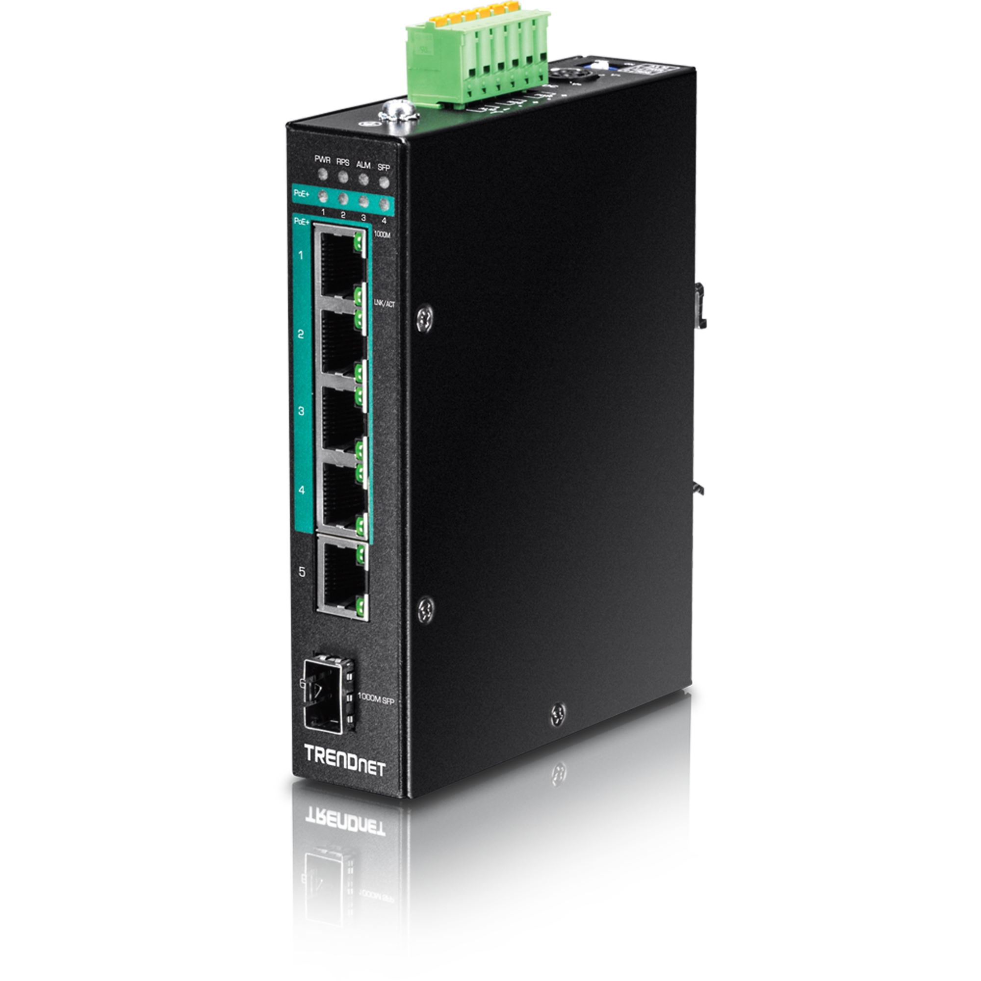 TRENDnet 5-Port Hardened Industrial Gigabit PoE + DIN-Rail Switch